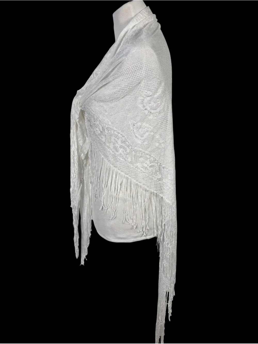 Specialty House VTG White Paisley Scarf Knit Shawl Fringe Granny Cottage Core